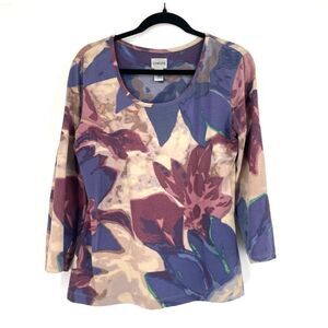 Chicos Women's Floral Print Scoop Neck 3/4 Sleeve Blouse Top Purple Pink large